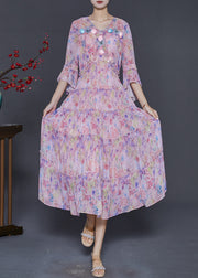 Modern Pink Print Floral Butterfly Chiffon Dress Flare Sleeve