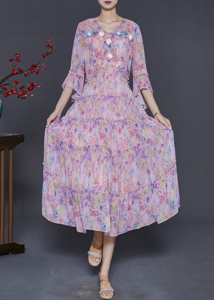 Modern Pink Print Floral Butterfly Chiffon Dress Flare Sleeve