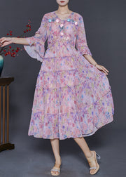 Modern Pink Print Floral Butterfly Chiffon Dress Flare Sleeve