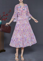 Modern Pink Print Floral Butterfly Chiffon Dress Flare Sleeve