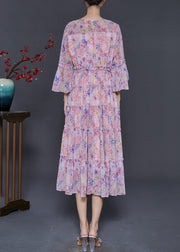 Modern Pink Print Floral Butterfly Chiffon Dress Flare Sleeve