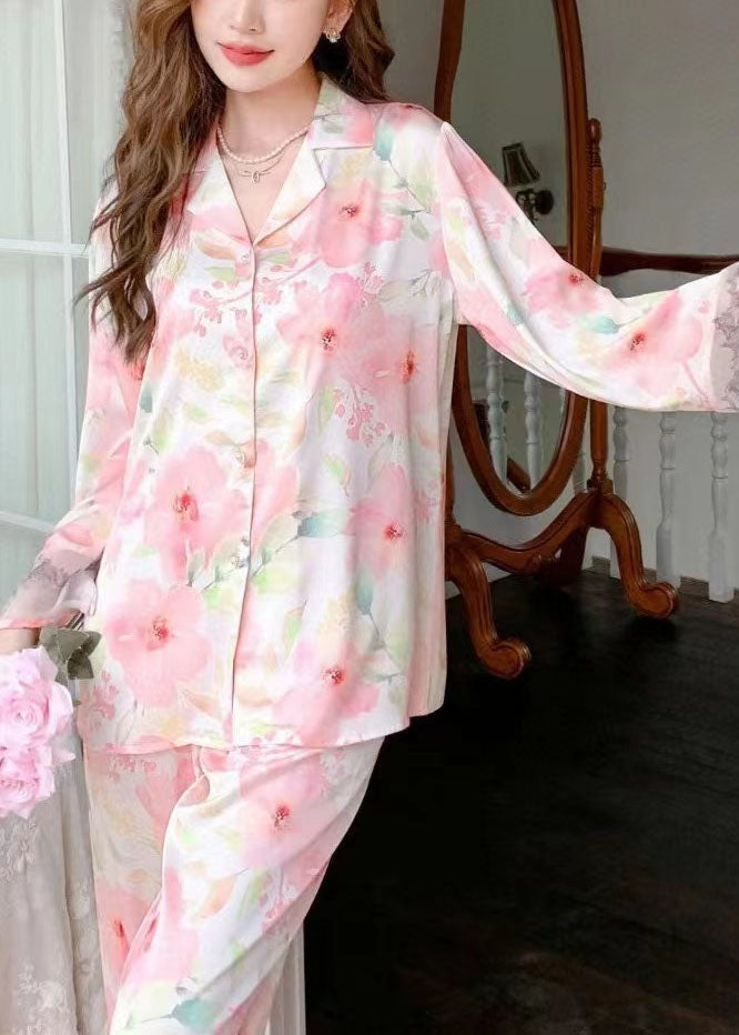 Modern Pink Print Peter Pan Collar Patchwork Ice Silk Pajamas Two Pieces Set Spring