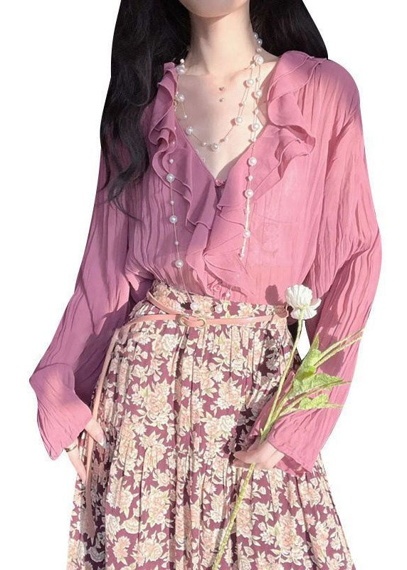 Modern Pink Ruffled Patchwork Chiffon Two Piece Set Spring