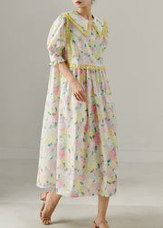 Modern Pink Ruffled Print Holdiay Dresses Puff Sleeve