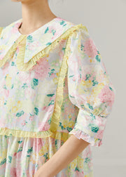 Modern Pink Ruffled Print Holdiay Dresses Puff Sleeve