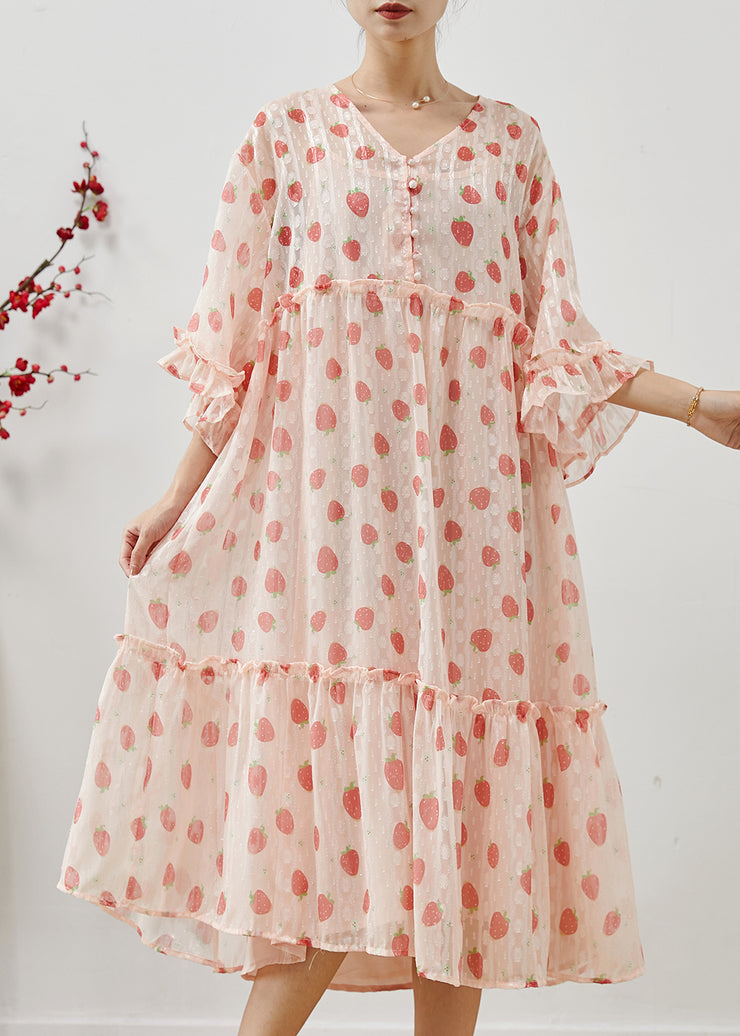 Modern Pink Ruffled Strawberry Print Chiffon Maxi Dresses Summer