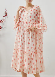 Modern Pink Ruffled Strawberry Print Chiffon Maxi Dresses Summer