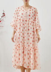 Modern Pink Ruffled Strawberry Print Chiffon Maxi Dresses Summer