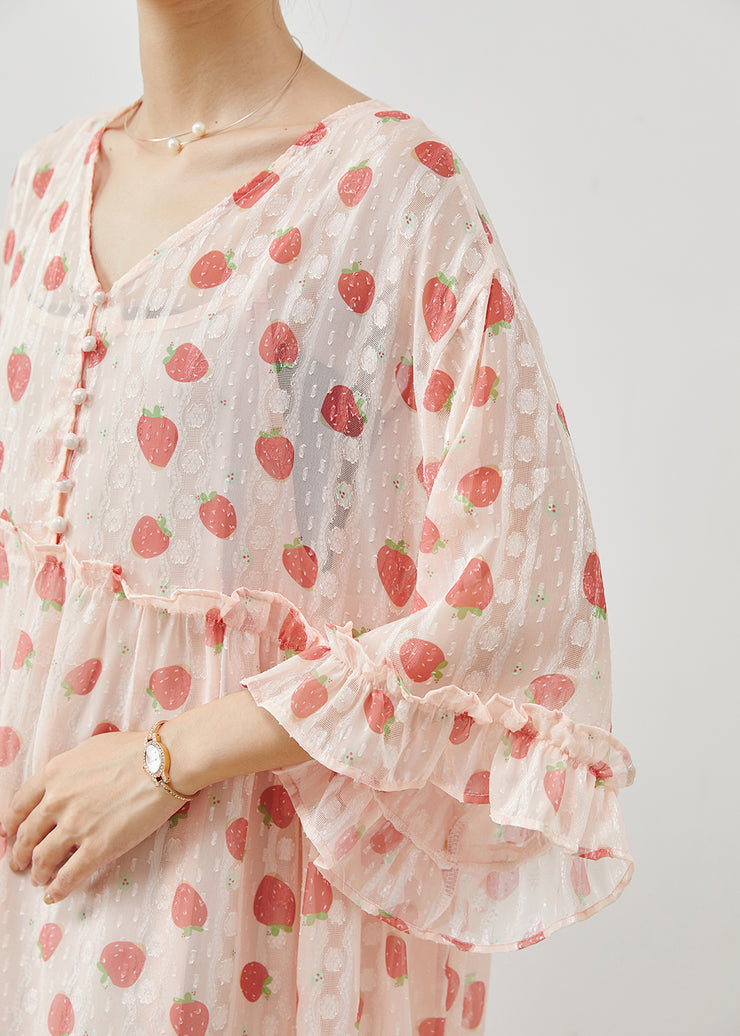 Modern Pink Ruffled Strawberry Print Chiffon Maxi Dresses Summer