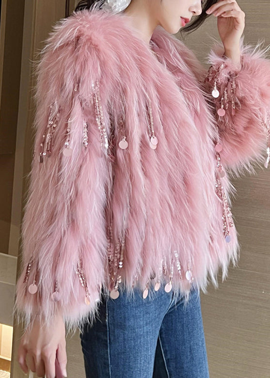 Modern Pink Sequins Tassel Leather And Fur Coats Winter