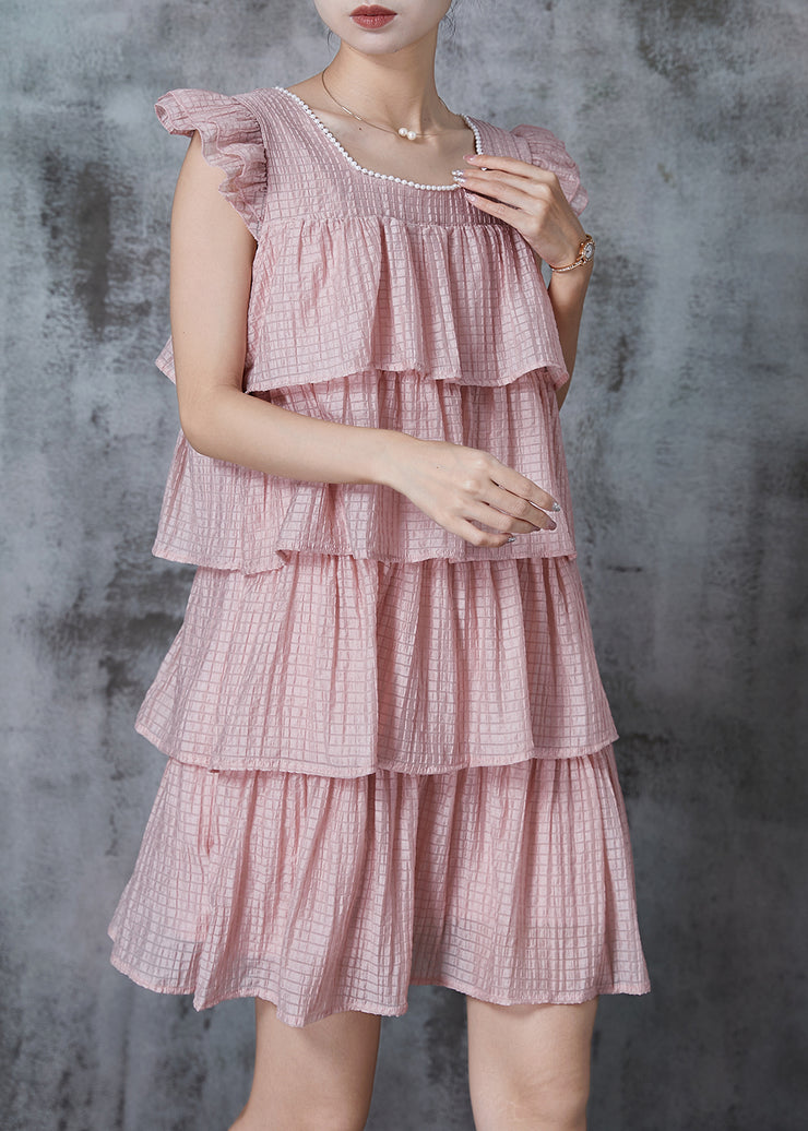 Modern Pink Square Collar Layered Chiffon Tea Dress Summer