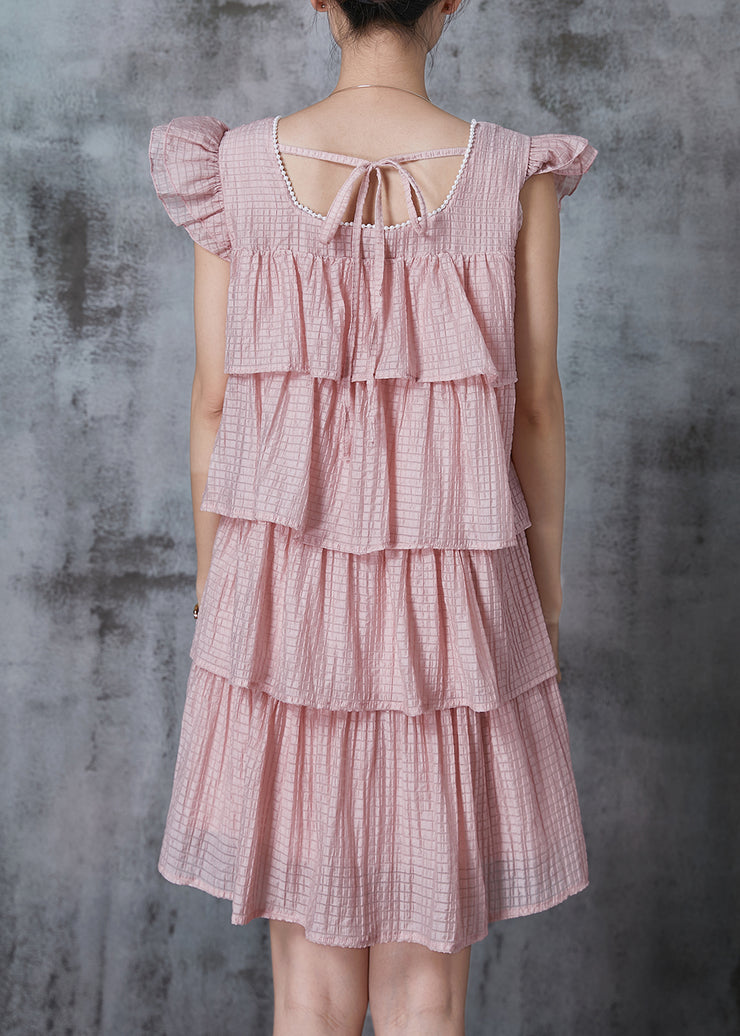 Modern Pink Square Collar Layered Chiffon Tea Dress Summer