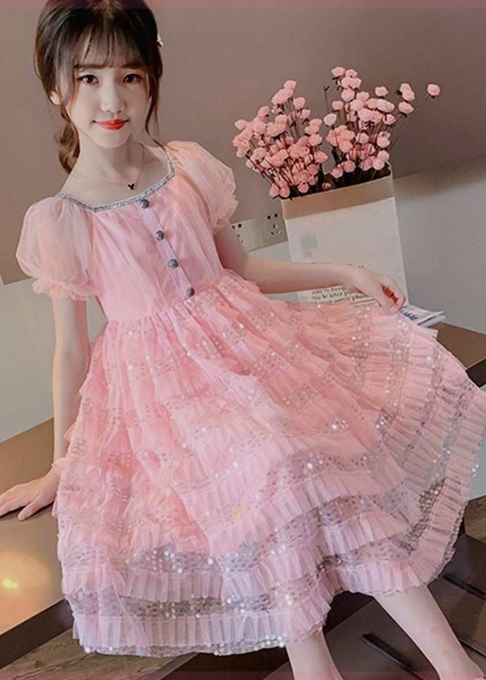 Modern Pink Square Collar Sequins Patchwork Tulle Kids Maxi Dress Puff Sleeve