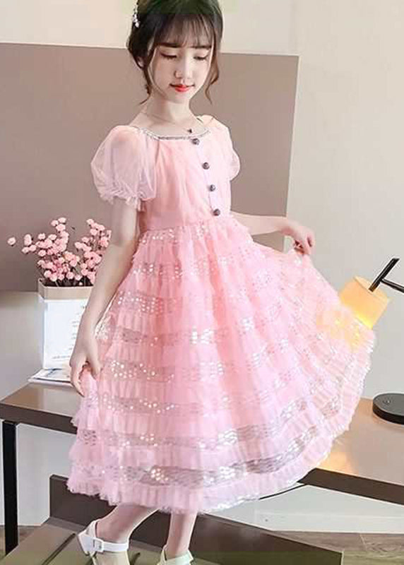 Modern Pink Square Collar Sequins Patchwork Tulle Kids Maxi Dress Puff Sleeve