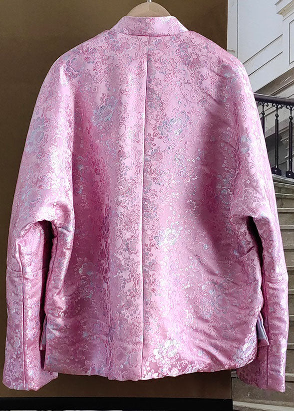 Modern Pink Stand Collar Jacquard Tasseled Fine Cotton Filled Coats Winter