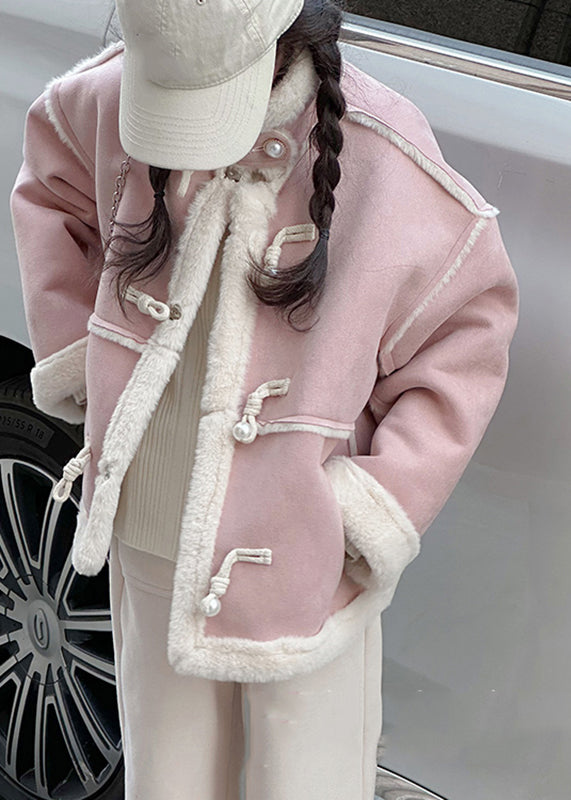 Modern Pink Stand Collar Patchwork Button Warm Fleece Kids Coats Winter