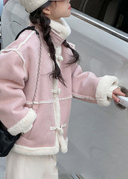 Modern Pink Stand Collar Patchwork Button Warm Fleece Kids Coats Winter