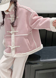 Modern Pink Stand Collar Patchwork Button Warm Fleece Kids Coats Spring