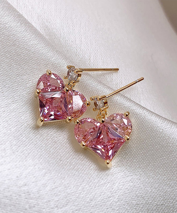 Modern Pink Sterling Silver Zircon Crystal Peach Heart Stud Earrings