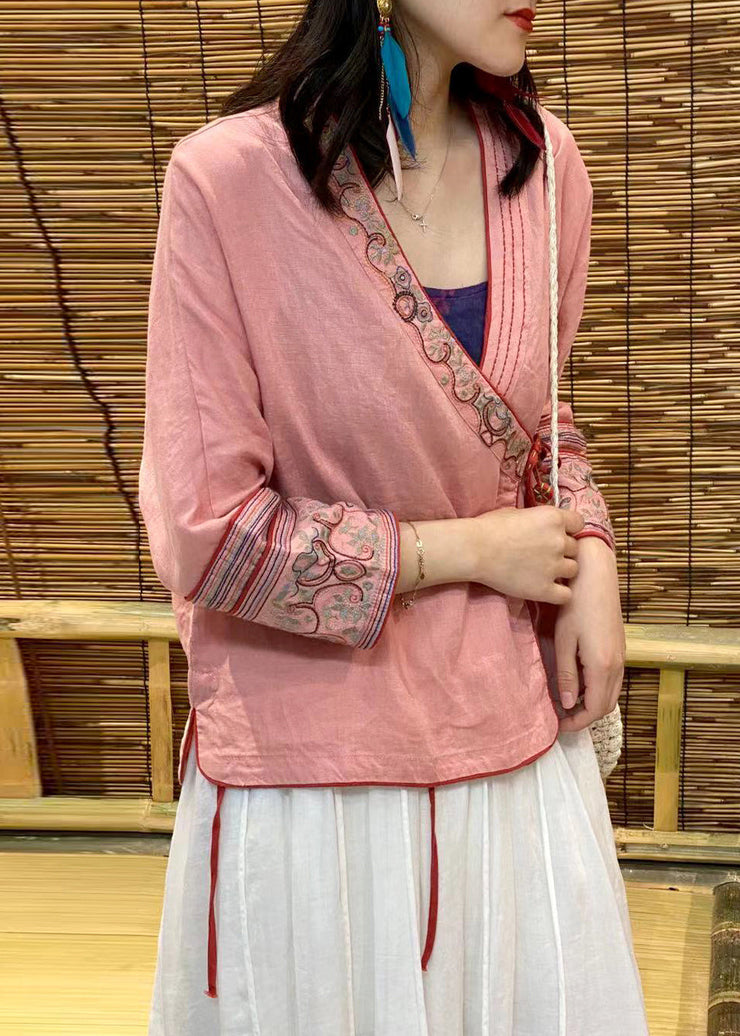 Modern Pink V Neck Embroideried Floral Linen Tops Long Sleeve