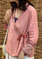 Modern Pink V Neck Embroideried Floral Linen Tops Long Sleeve