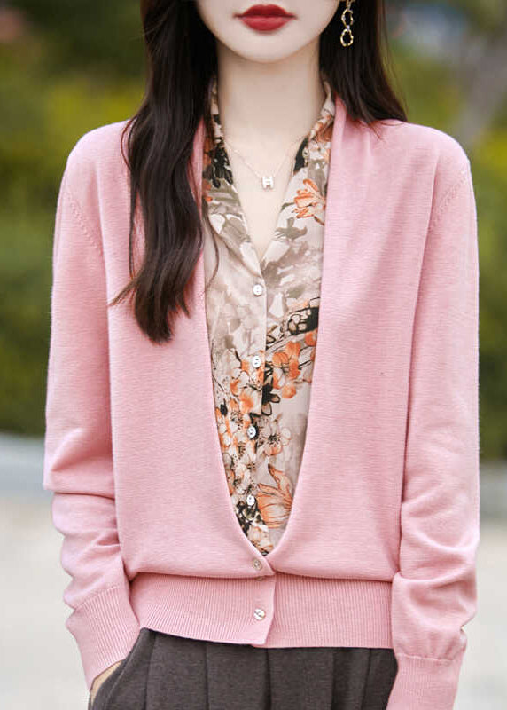 Modern Pink V Neck Print Fake Two Pieces Knit Cardigans Spring