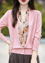 Modern Pink V Neck Print Fake Two Pieces Knit Cardigans Spring