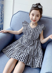 Modern Plaid V Neck Patchwork Button Cotton Kids Mid Dress Summer