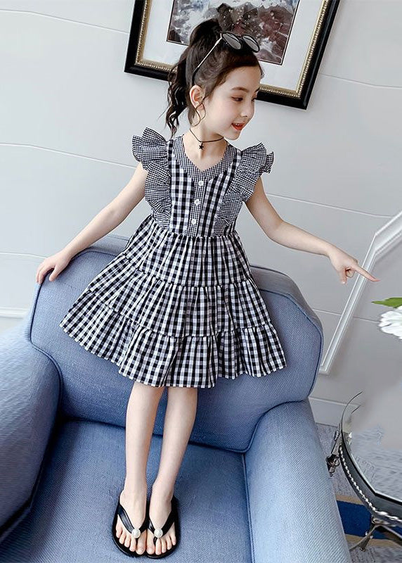 Modern Plaid V Neck Patchwork Button Cotton Kids Mid Dress Summer