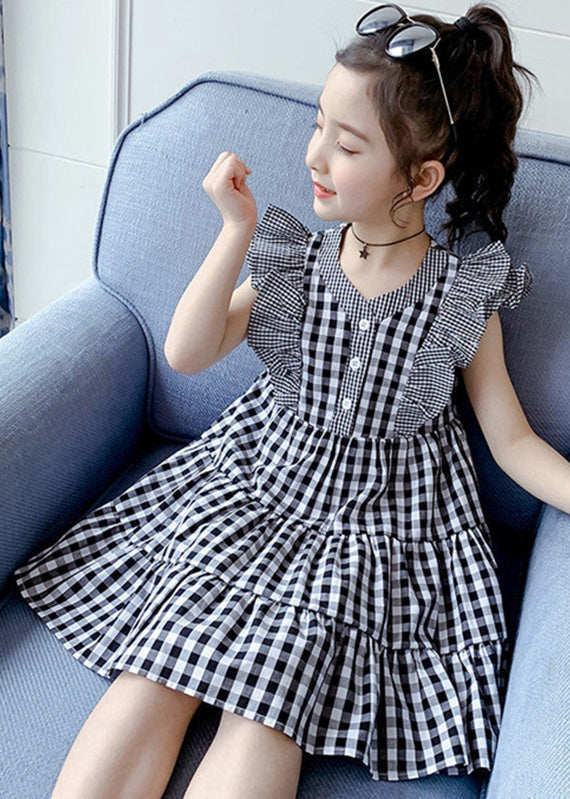 Modern Plaid V Neck Patchwork Button Cotton Kids Mid Dress Summer