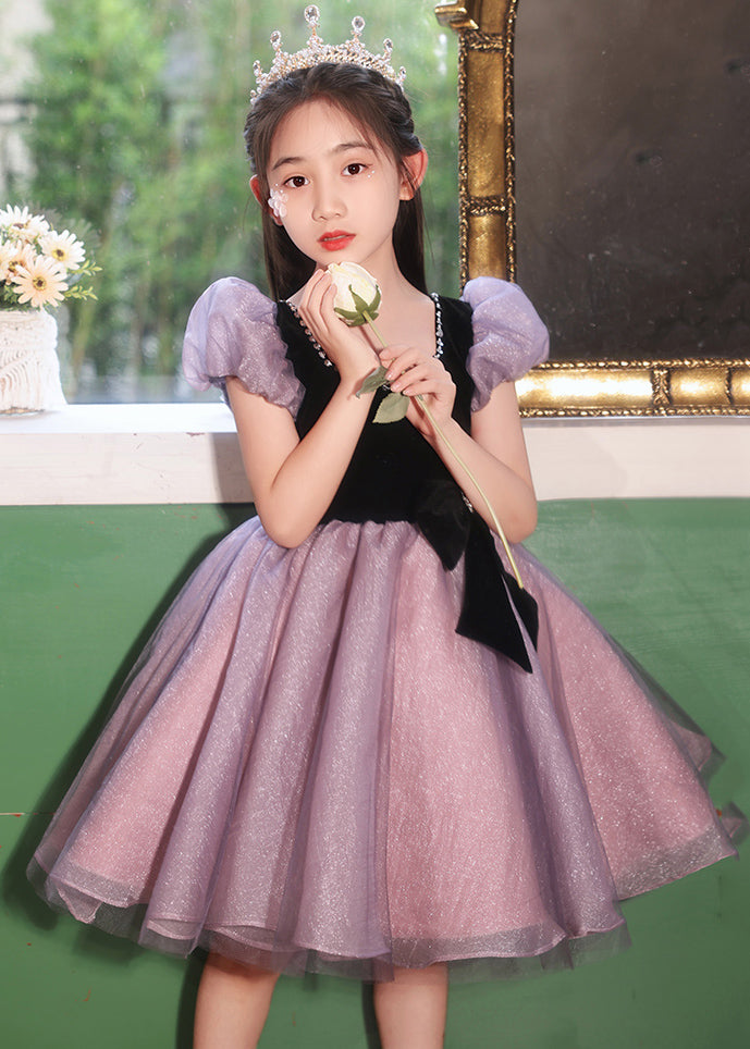 Modern Purple Asymmetrical Bow Tulle Kids Maxi Dresses Summer