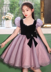 Modern Purple Asymmetrical Bow Tulle Kids Maxi Dresses Summer