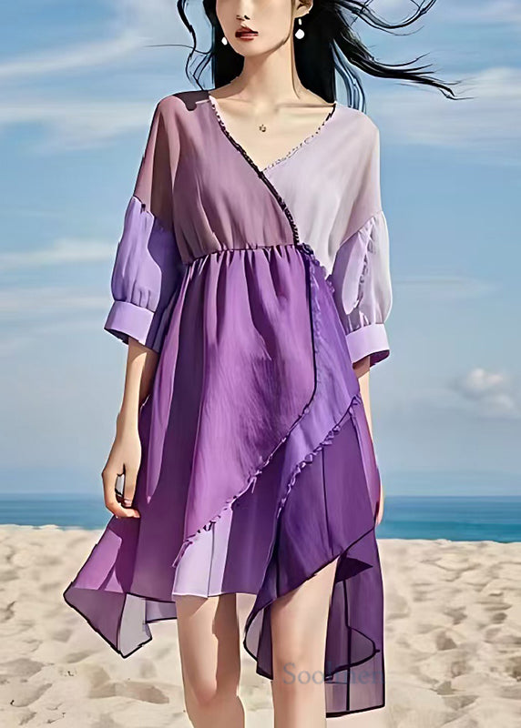 Modern Purple Asymmetrical Exra Large Hem Cotton Dress Summer