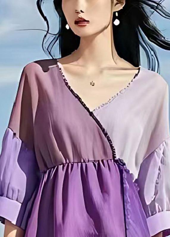 Modern Purple Asymmetrical Exra Large Hem Cotton Dress Summer