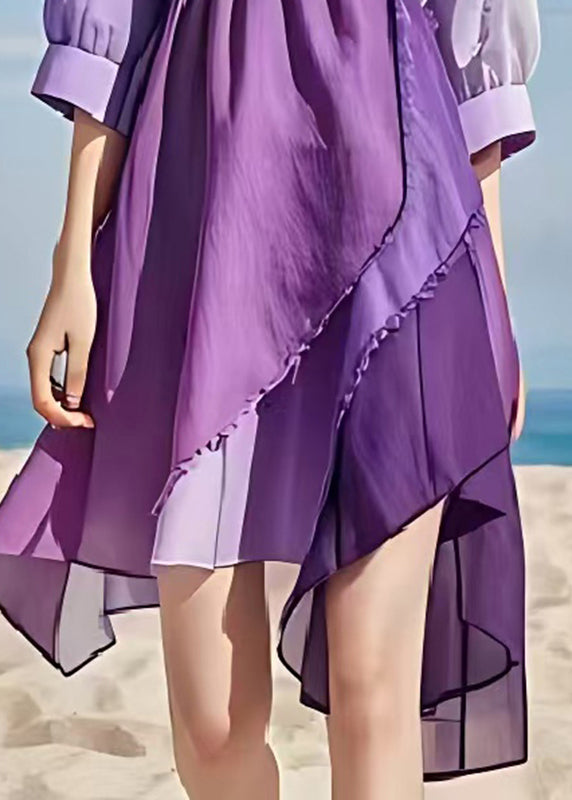 Modern Purple Asymmetrical Exra Large Hem Cotton Dress Summer