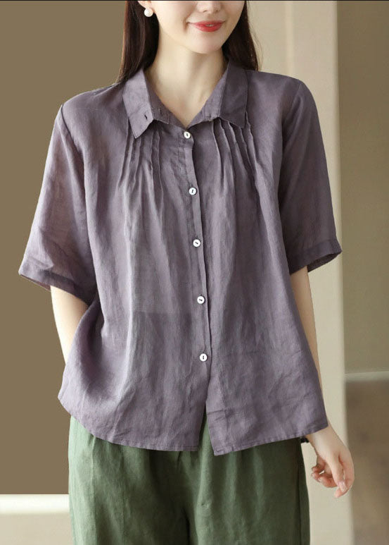 Modern Purple Button Wrinkled Patchwork Linen Shirts Summer