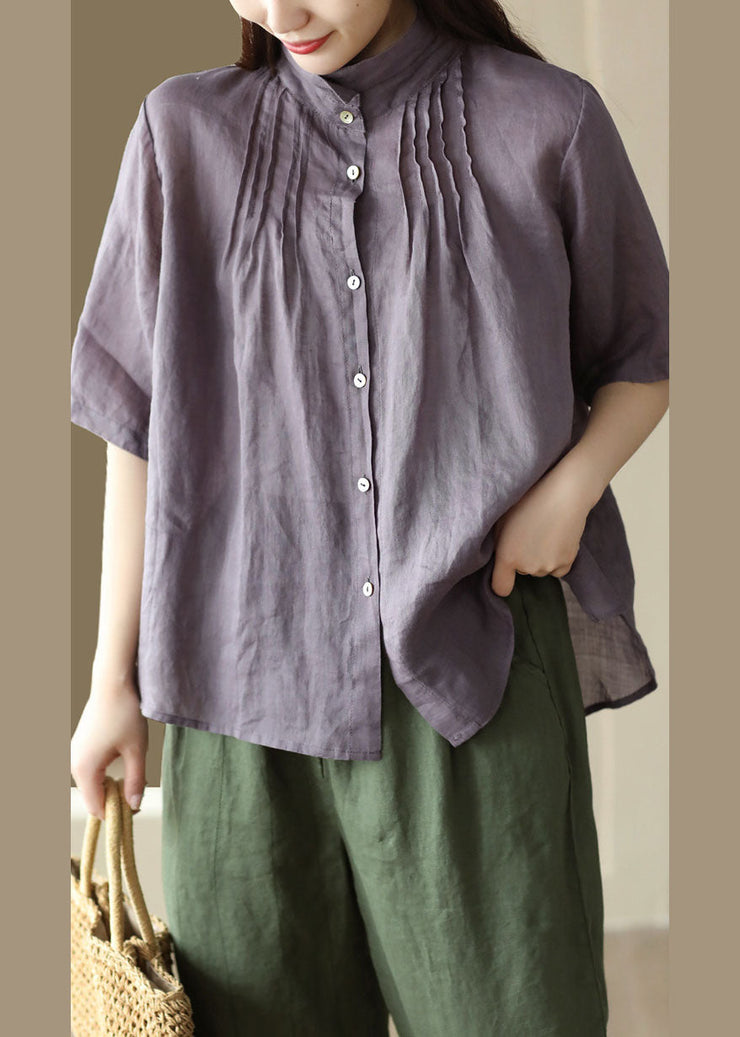 Modern Purple Button Wrinkled Patchwork Linen Shirts Summer