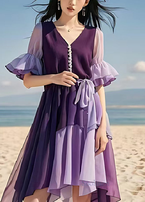 Modern Purple Cinched Patchwork Chiffon Mid Dress Summer