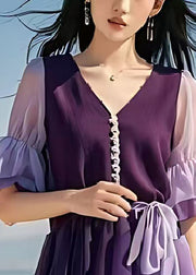 Modern Purple Cinched Patchwork Chiffon Mid Dress Summer