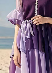 Modern Purple Cinched Patchwork Chiffon Mid Dress Summer