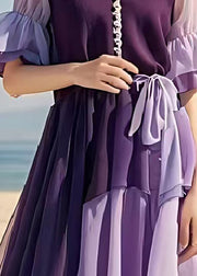 Modern Purple Cinched Patchwork Chiffon Mid Dress Summer