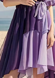 Modern Purple Cinched Patchwork Chiffon Mid Dress Summer