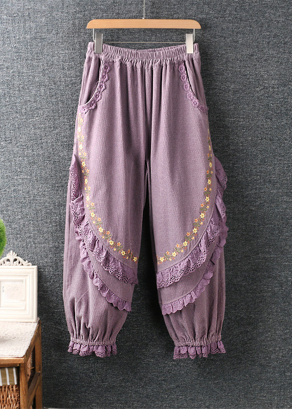 Modern Purple Embroidered Lace Ruffled Patchwork High Waist Lantern Pants
