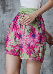 Modern Purple Floral Elastic Waist Cotton Shorts Summer