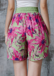 Modern Purple Floral Elastic Waist Cotton Shorts Summer