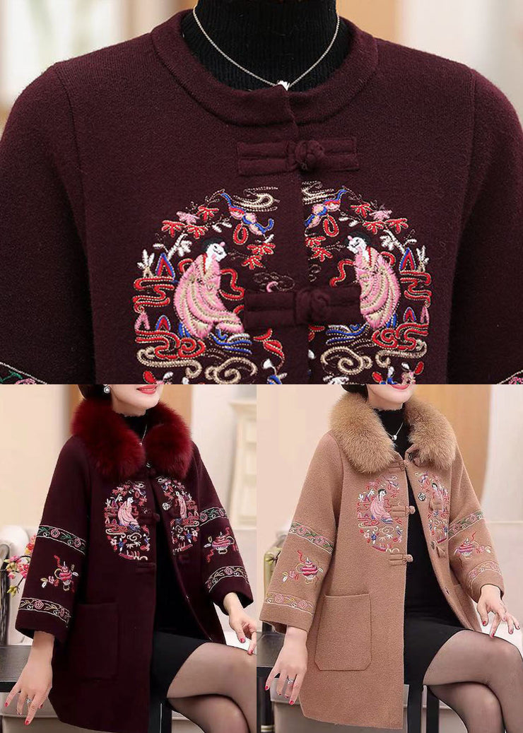 Modern Purple Fox Collar Embroideried Pockets Woolen Coats Winter