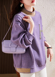 Modern Purple Half Hign Neck Nail Bead Patchwork Woolen Pullover Sweatshirt Fall