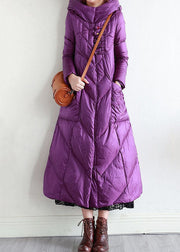 Modern Purple Hooded Oriental Button Lengthen Duck Down Puffer Coat Winter