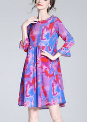 Modern Purple O-Neck Ruffled Print Cinched Silk Mid Dress Flare Sleeve