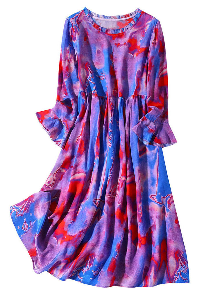 Modern Purple O-Neck Ruffled Print Cinched Silk Mid Dress Flare Sleeve